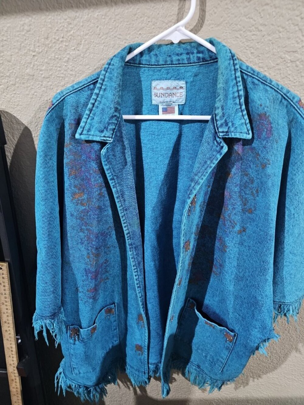 Sundance Vintage Hand Painted Fringe Open Front Denim Jacket Womens Small